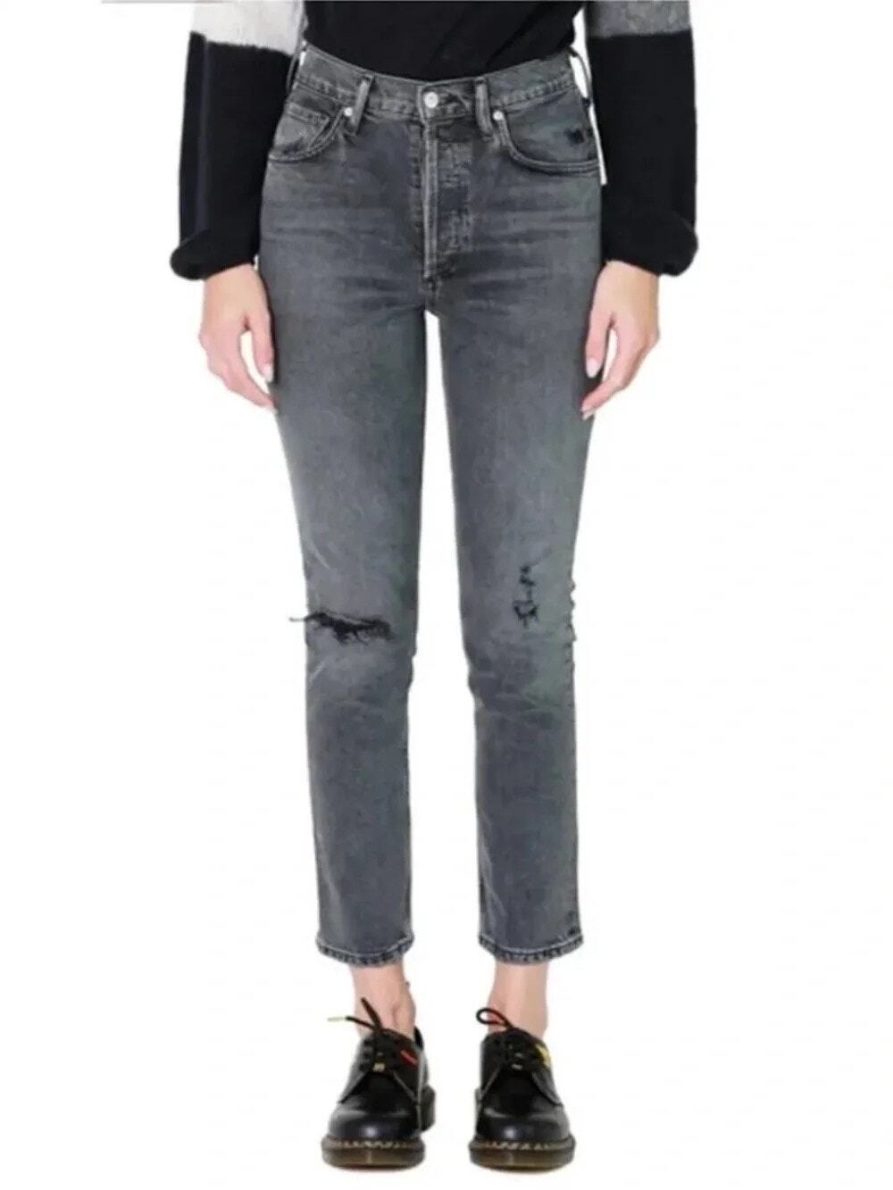 Citizens of Humanity Jolene High Rise Straight Gray Edgy Distressed Denim Jeans